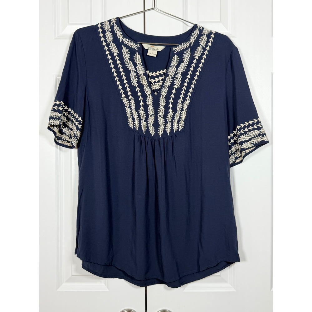 Bob Timberlake Navy Blue Embroidered Boho Split Neck Rayon Blouse Womens Large